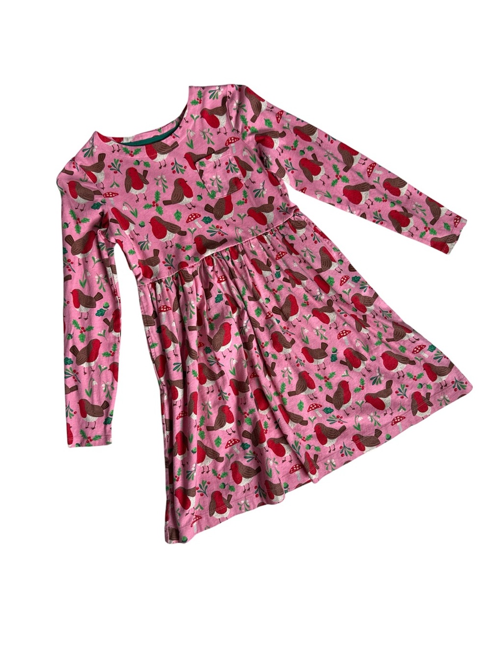 Mini Boden Long-Sleeve Dress with Red & Brown Robin Bird Print 11/12y